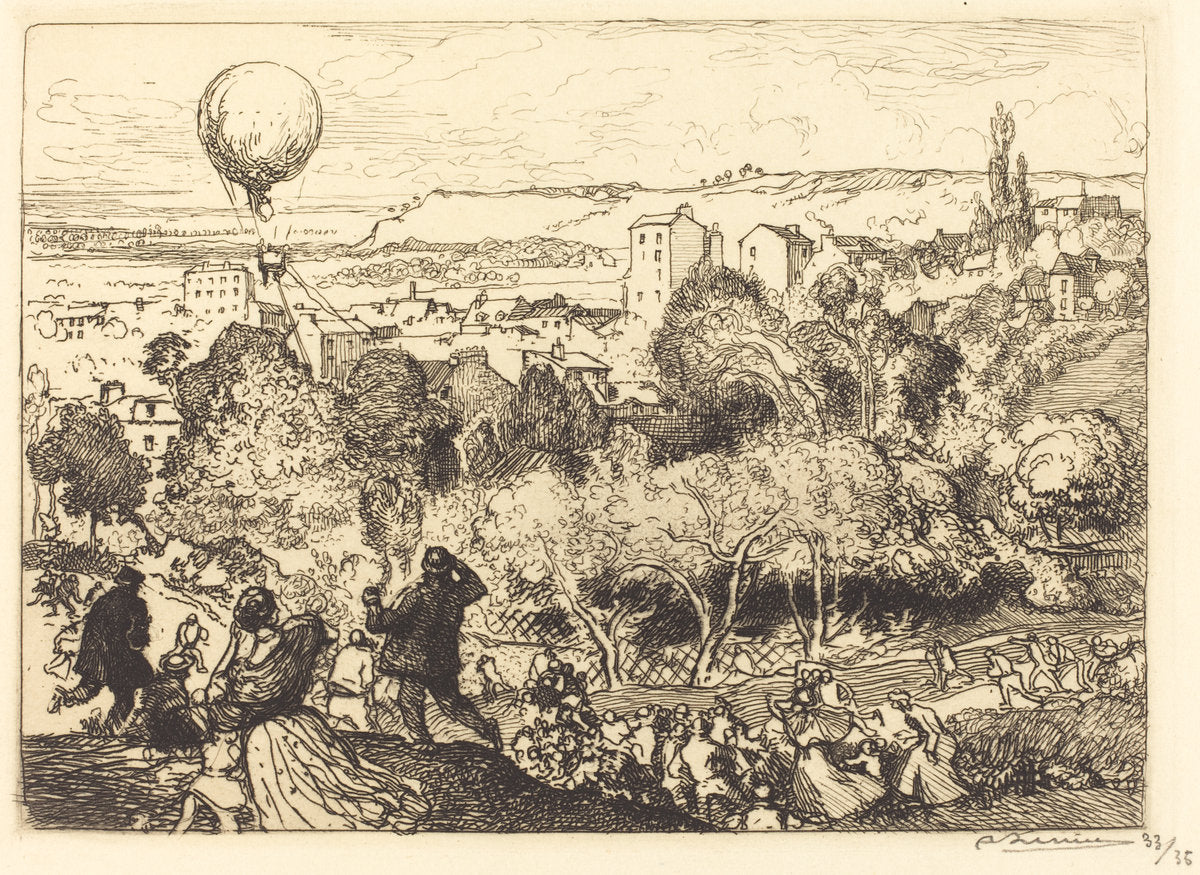 The Falling Balloon, in Pre-Saint-Gervais (Lebaloon qui tombe, au Pre-Saint-Gervais) by Auguste Lepère (French, 1849 - 1918), 16X12"(A3)Poster Print