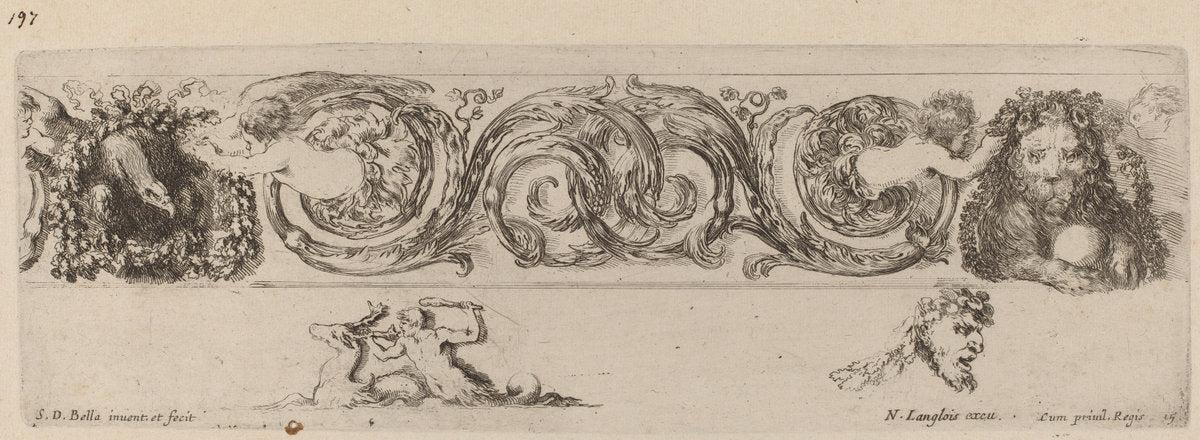 Ornamental Frieze with Eagle and Lion Engarlanded by Children by Stefano Della Bella (Italian, 1610 - 1664), 16X12"(A3)Poster Print