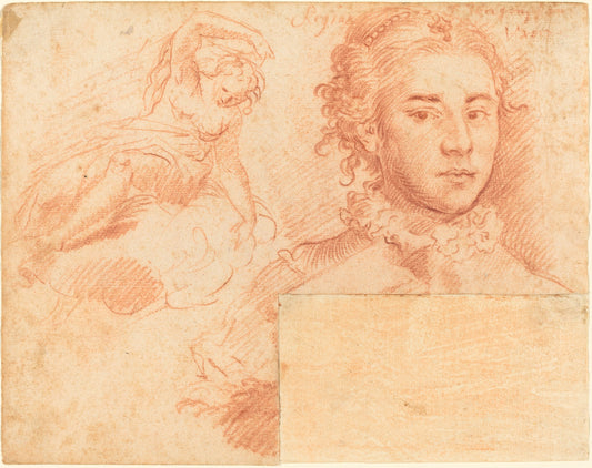 A Portrait of a Queen and a Study of a Woman Seated on a Cloud; verso, Sleeping Figure by Simone Cantarini (Pesarese, 1612 - 1648), 16X12"(A3)Poster Print