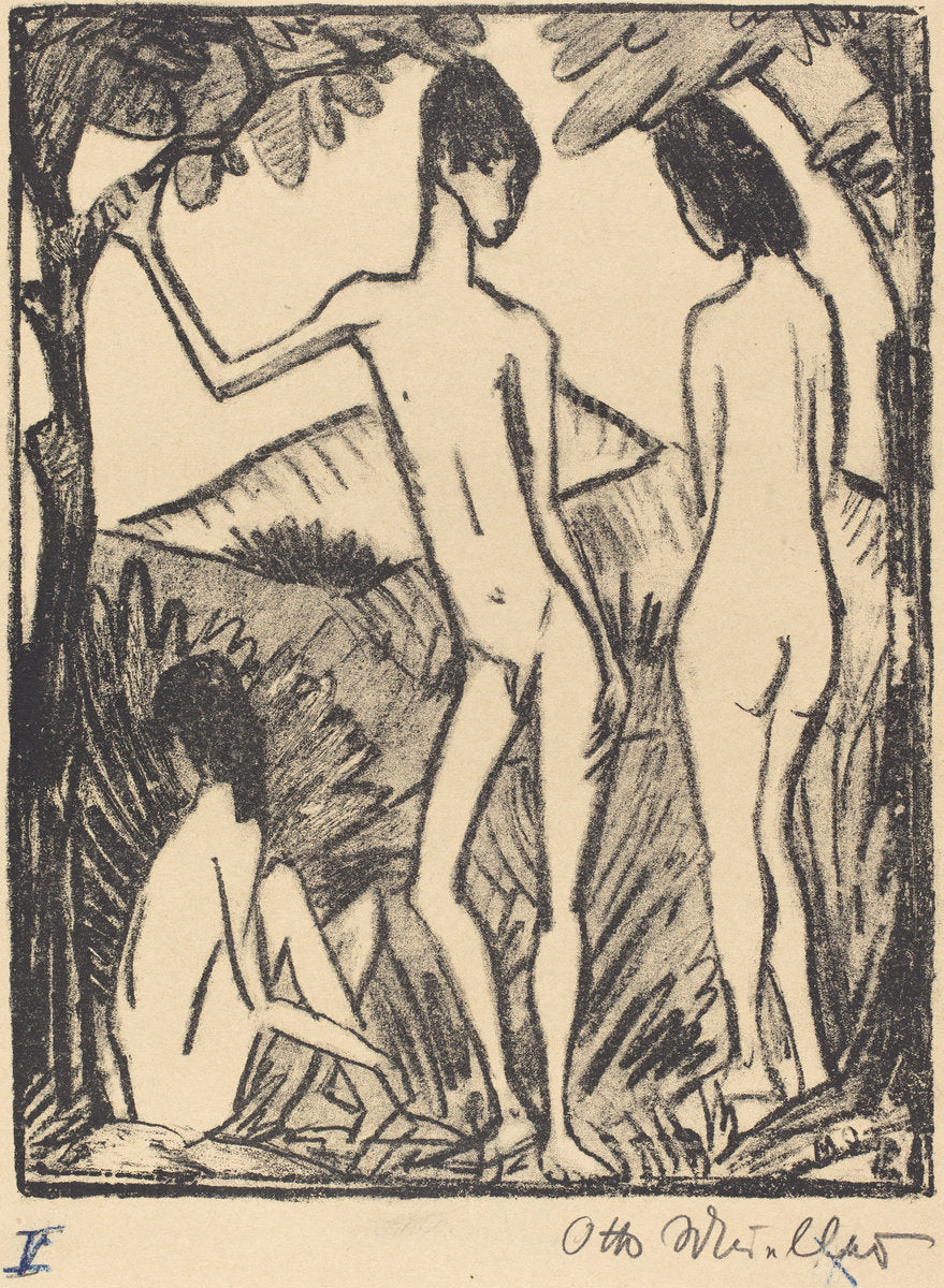 Standing Boy and Two Girls (Stehender Knabe und zwei Madchen) by Otto Müller (German, 1874 - 1930), 16X12"(A3)Poster Print