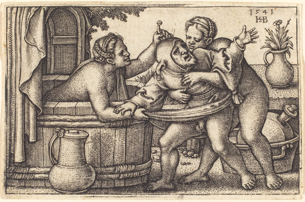 Clown and Two Women Bathing by Sebald Beham (German, 1500 - 1550), 16X12"(A3)Poster Print