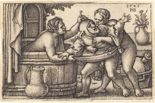 Clown and Two Women Bathing by Sebald Beham (German, 1500 - 1550), 16X12"(A3)Poster Print