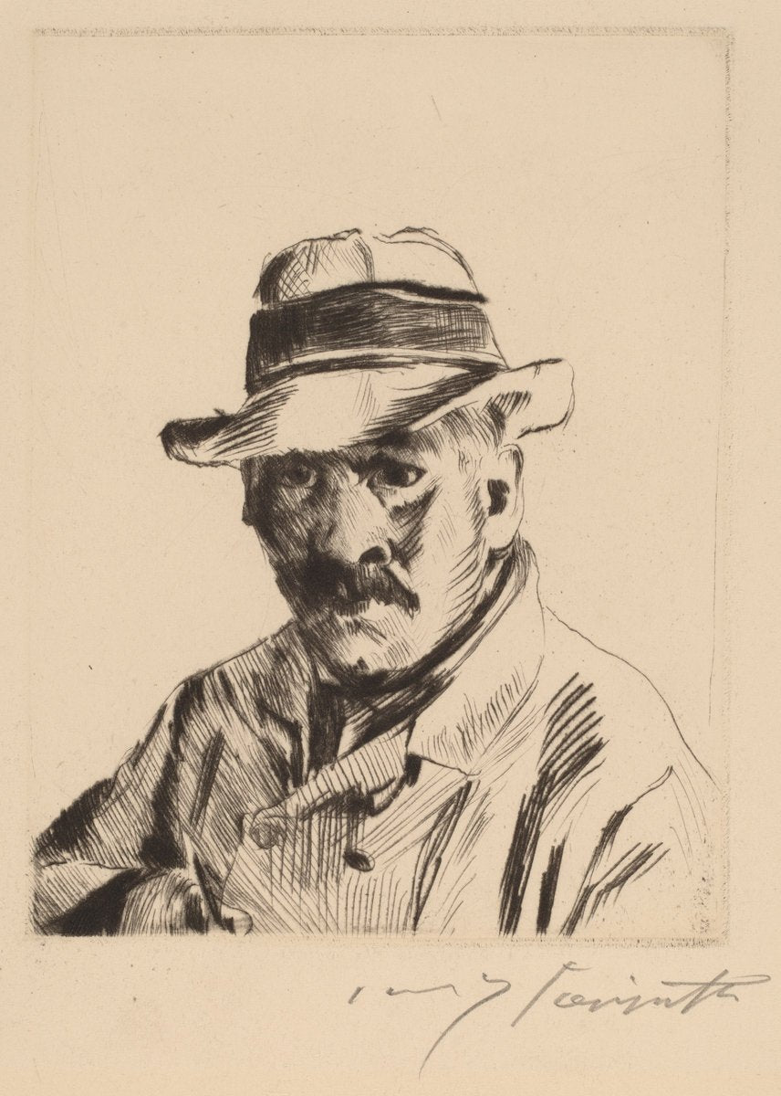 Self-Portrait in a Straw Hat, Bust Length by Lovis Corinth (German, 1858 - 1925), 16X12"(A3)Poster Print