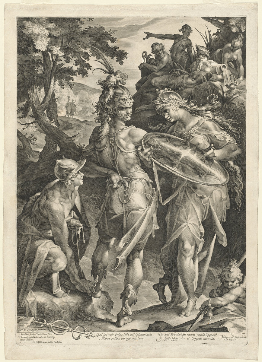 Minerva and Mercury Arming Perseus by Jan Muller, after Bartholomaeus Spranger (Dutch, 1571 - 1628), 16X12"(A3)Poster Print