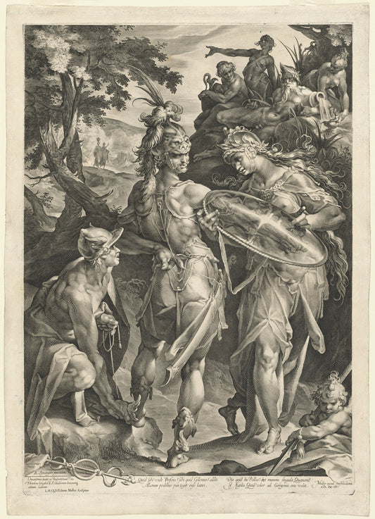 Minerva and Mercury Arming Perseus by Jan Muller, after Bartholomaeus Spranger (Dutch, 1571 - 1628), 16X12"(A3)Poster Print
