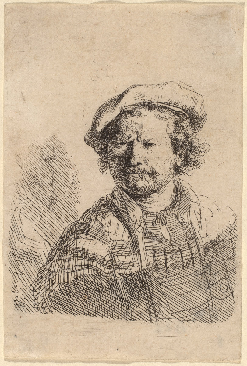 Self-Portrait in a Flat Cap and Embroidered Dress by Rembrandt van Rijn (Dutch, 1606 - 1669), 16X12"(A3)Poster Print
