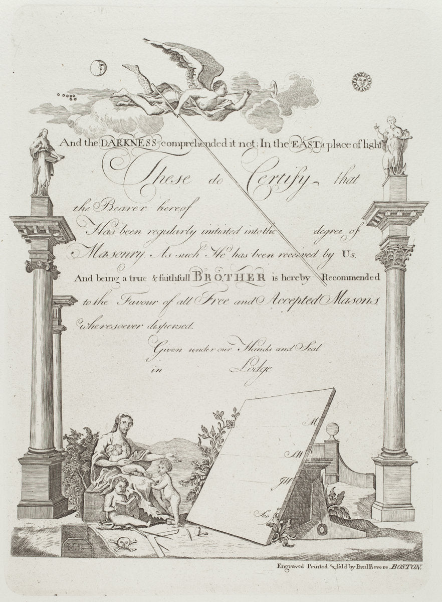 Masonic Certificate by Paul Revere (American, 1735 - 1818), 16X12"(A3)Poster Print