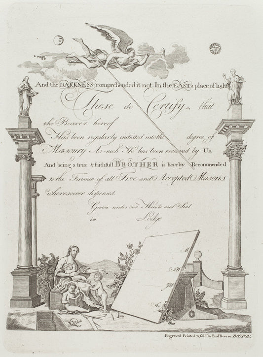 Masonic Certificate by Paul Revere (American, 1735 - 1818), 16X12"(A3)Poster Print