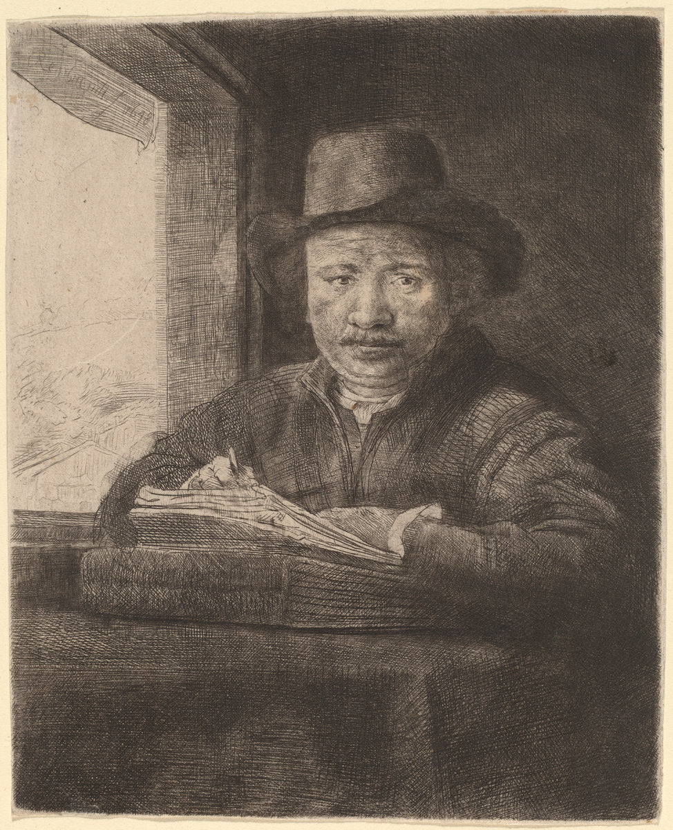 Self-Portrait Drawing at a Window by Rembrandt van Rijn (Dutch, 1606 - 1669), 16X12"(A3)Poster Print