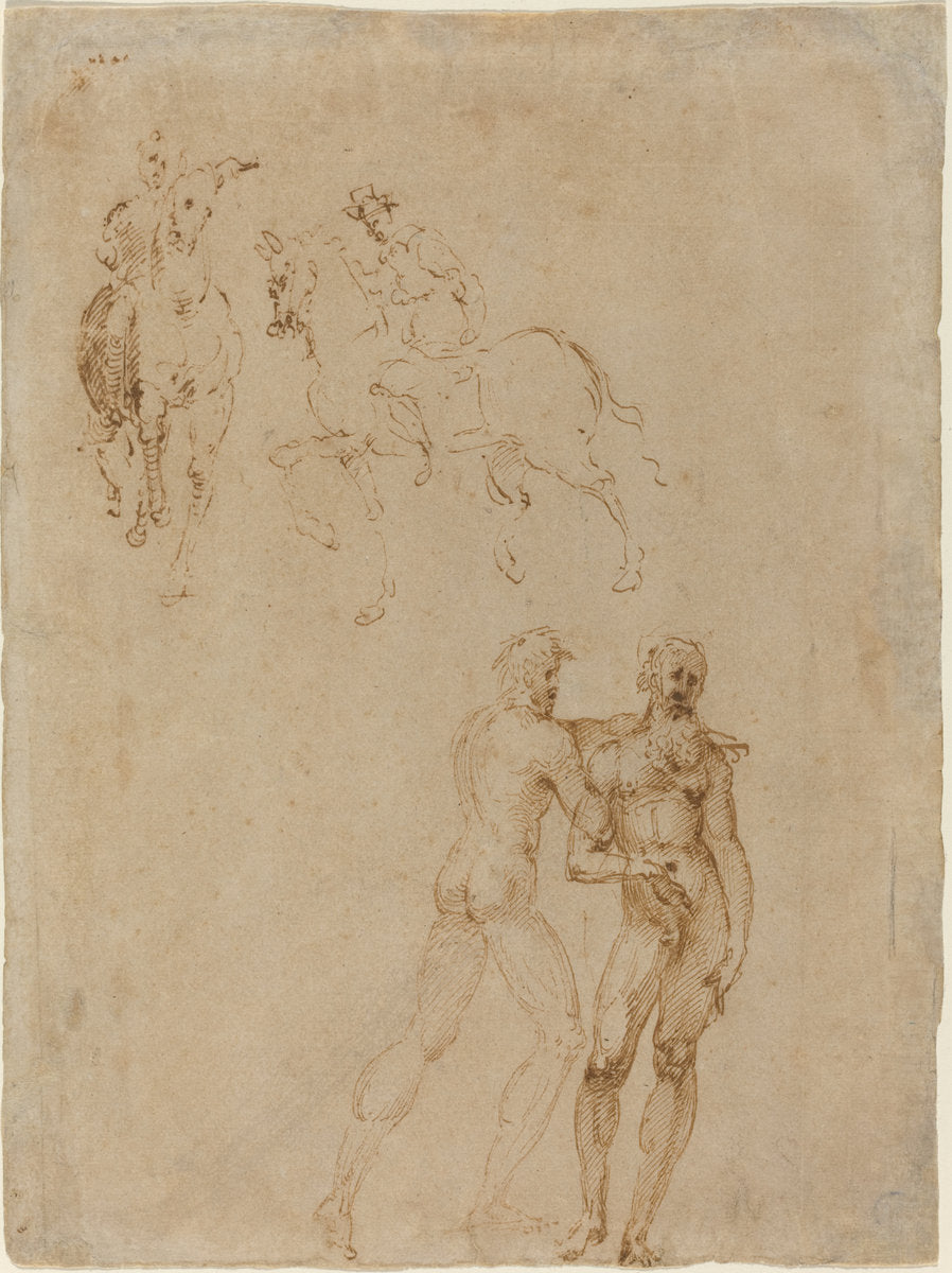 Two Horsemen and Two Male Nudes by Attributed to Vincenzo Tamagni (Italian, 1492 - c. 1530), 16X12"(A3)Poster Print