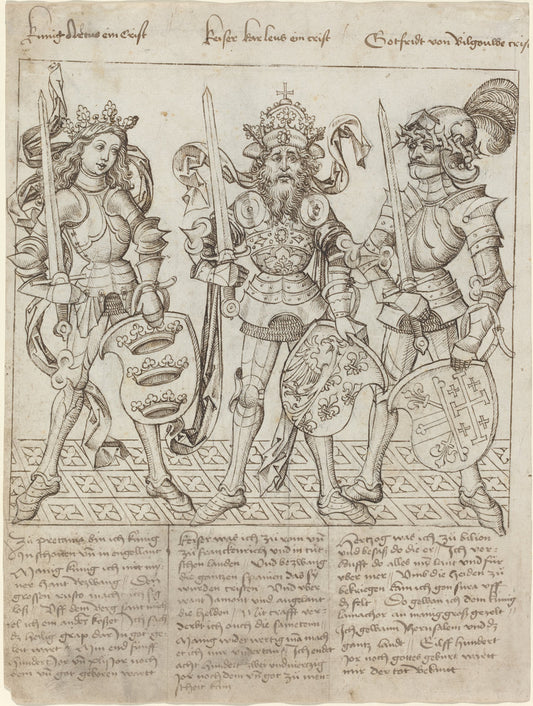 King Arthur, Charlemagne and Godfrey of Boulogne by Primary Master of the Strassburg Chronicle (German, active 1480s and 1490s), 16X12"(A3)Poster Print