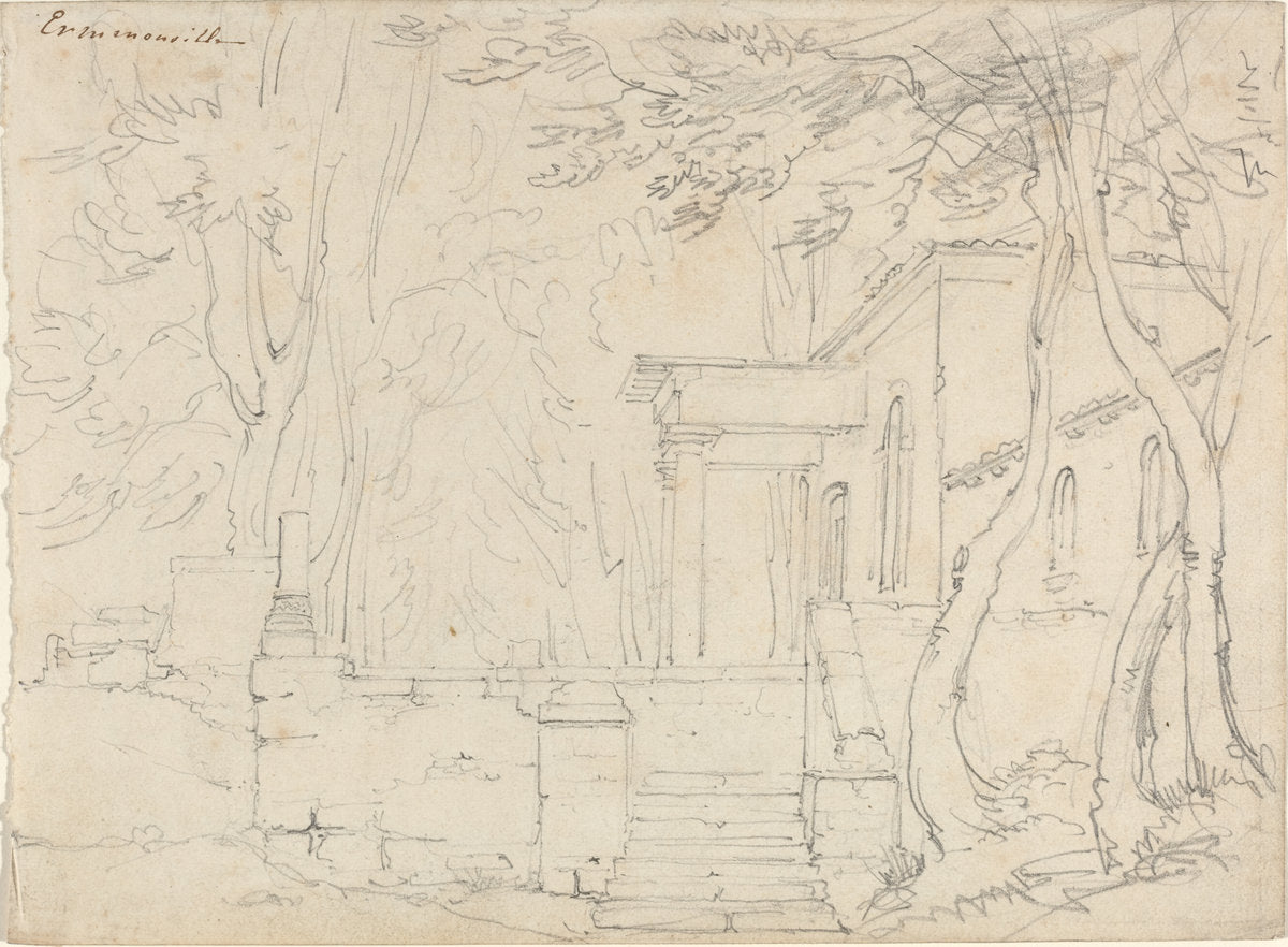 House with a Portico at Ermenonville by François-Édouard Bertin (French, 1797 - 1871), 16X12"(A3)Poster Print