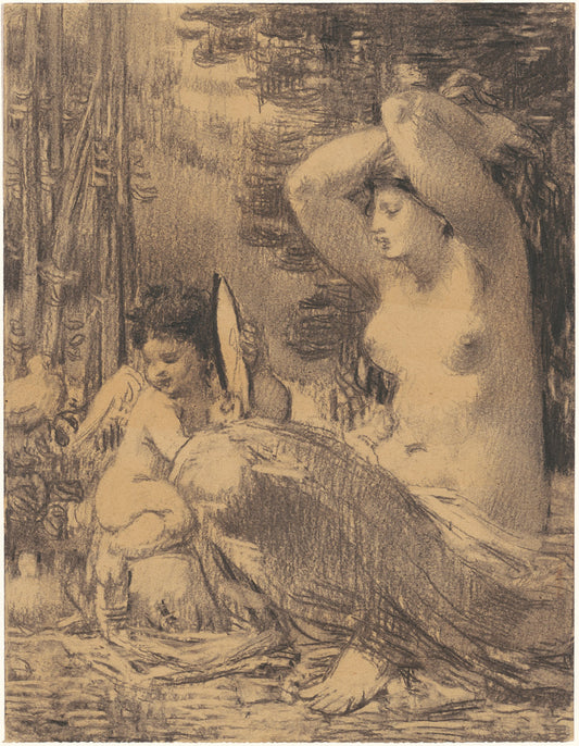 Nude with Cherub Holding a Mirror by William P. Babcock (American, 1826 - 1899), 16X12"(A3)Poster Print