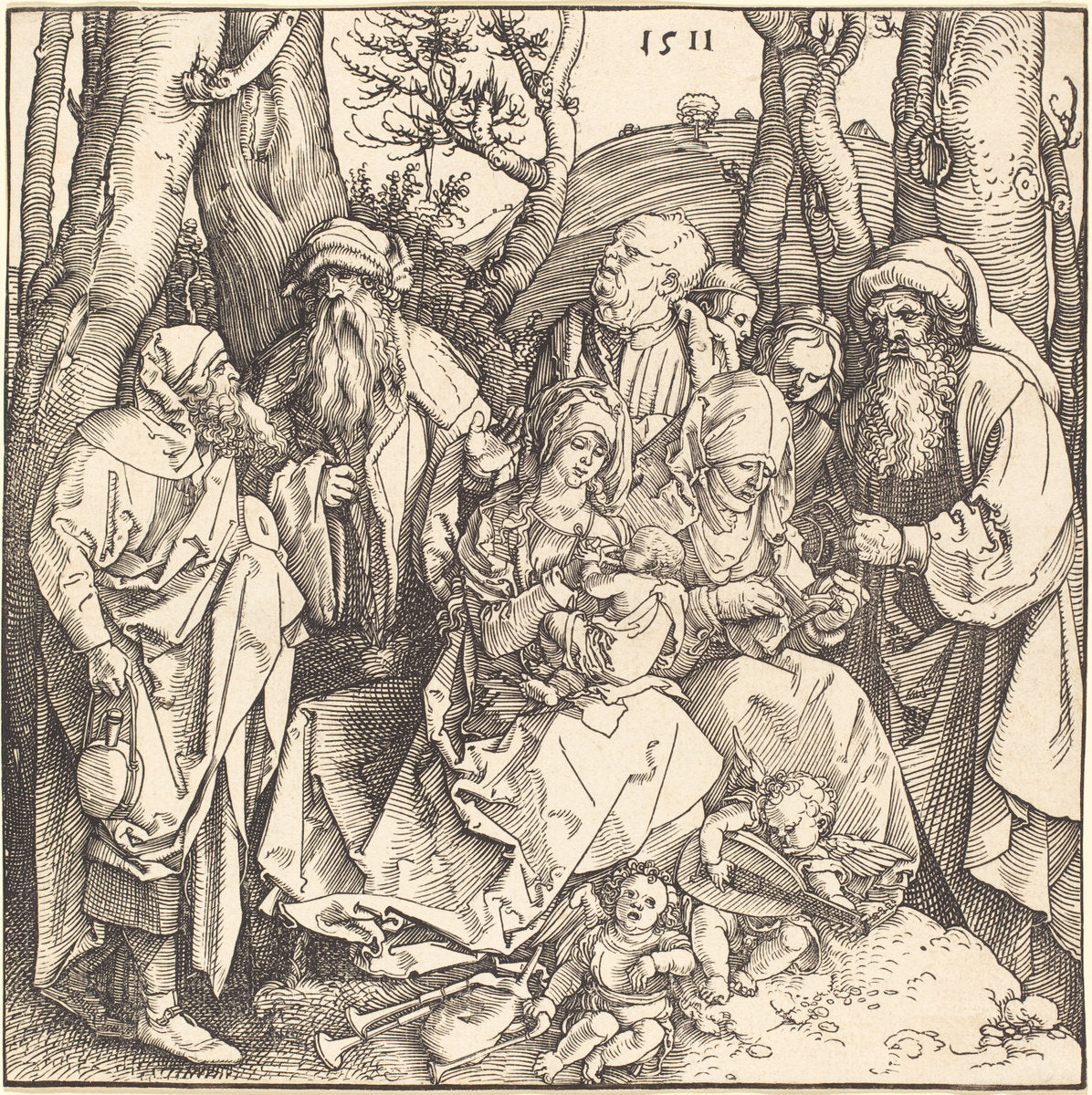 The Holy Family with Two Music-Making Angels by Albrecht Dürer (German, 1471 - 1528), 16X12"(A3)Poster Print