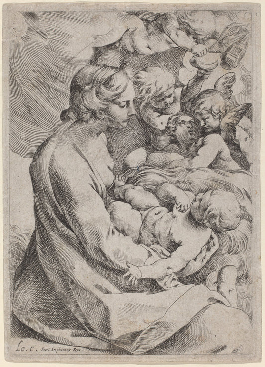 Madonna and Child with Angels by Lodovico Carracci (Italian, 1555 - 1619), 16X12"(A3)Poster Print