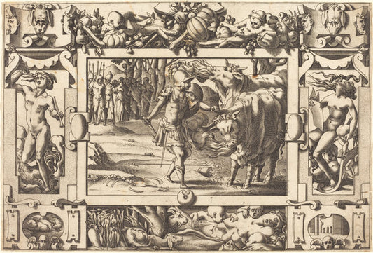 Jason Tames the Two Bulls of Mars by René Boyvin after Leonard Thiry (French, c. 1525 - c. 1625), 16X12"(A3)Poster Print