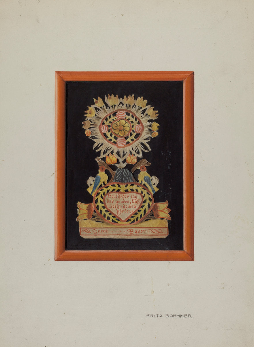 Memorial-Pennsylvania Fractur and Cut-out Commemorating Jacob Bauer by Fritz Boehmer (American, active c. 1935), 16X12"(A3)Poster Print