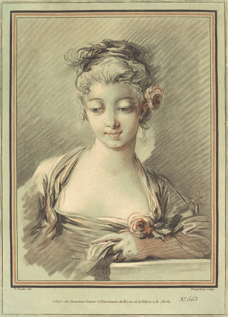 Young Woman with a Rose by Gilles Demarteau, the Elder after François Boucher (French, 1722 - 1776), 16X12"(A3)Poster Print