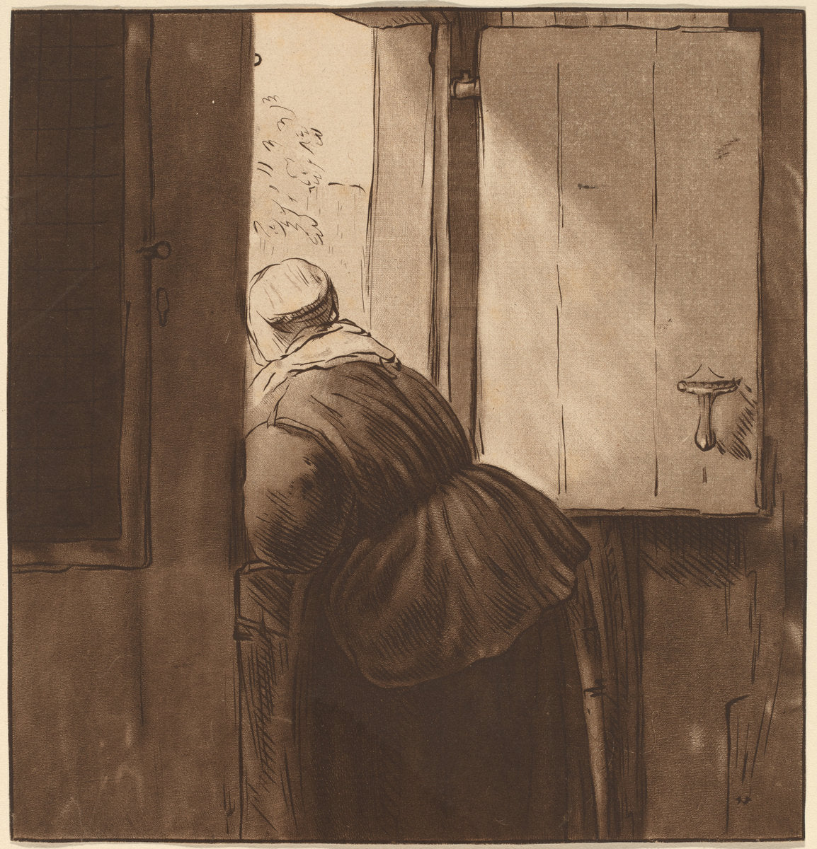 Woman Leaning over a Lower Door by Cornelis Ploos van Amstel after Rembrandt van Rijn (Dutch, 1726 - 1798), 16X12"(A3)Poster Print