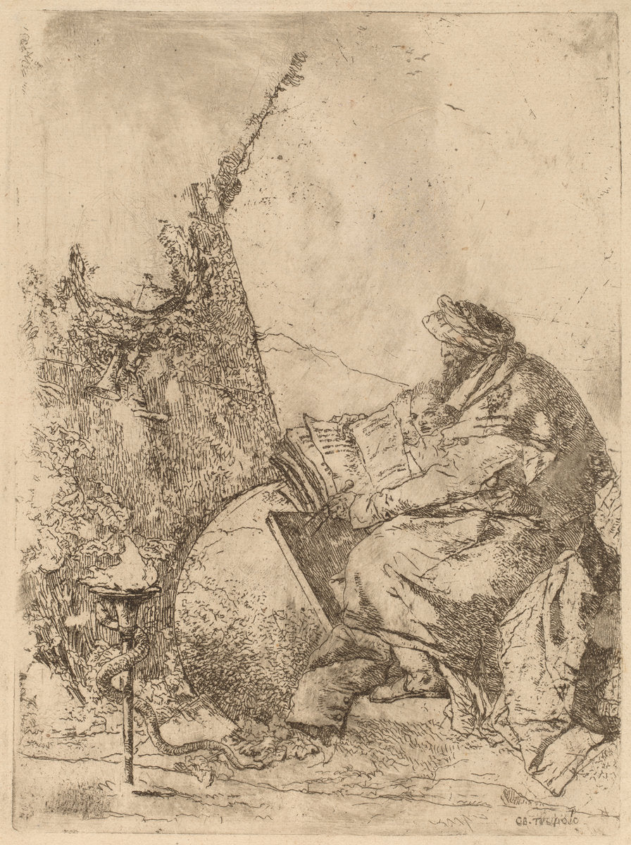Philosopher Seated, with Globe, Book, and Compass by Giovanni Battista Tiepolo (Italian, 1696 - 1770), 16X12"(A3)Poster Print
