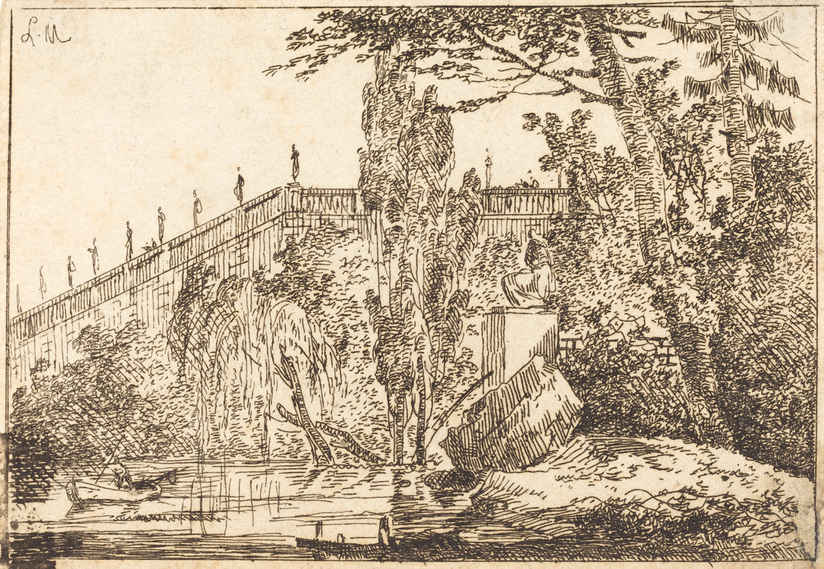 Park with Terrace and a Balustrade with Statues by Louis Gabriel Moreau (French, 1739 - 1806), 16X12"(A3)Poster Print
