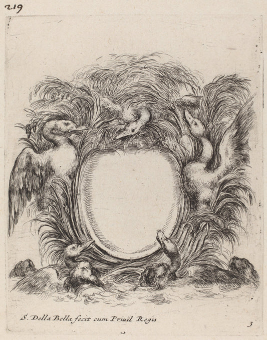 Cartouche with Ducks and Dogs by Stefano Della Bella (Italian, 1610 - 1664), 16X12"(A3)Poster Print