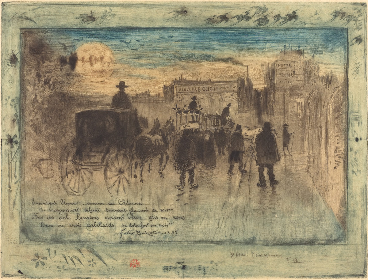 Convoi Funèbre au Boulevard de Clichy (Funeral Procession on the Boulevard de Clichy) by Félix-Hilaire Buhot (French, 1847 - 1898), 16X12"(A3)Poster Print