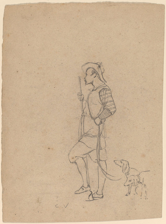 Study of Hunter with Dogs by Elihu Vedder (American, 1836 - 1923), 16X12"(A3)Poster Print