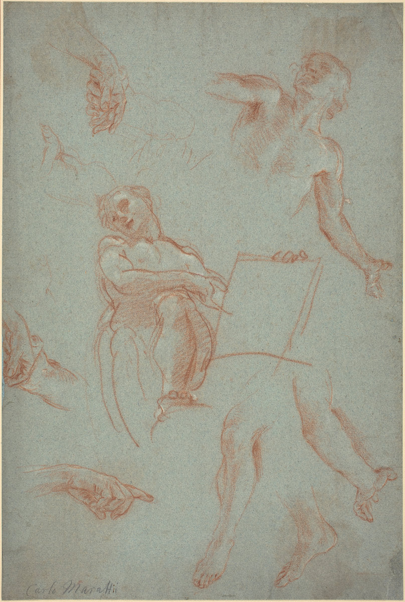 Sheet of Studies with Figures, Hands, and Feet by Agostino Masucci (Roman, 1691 - 1758), 16X12"(A3)Poster Print