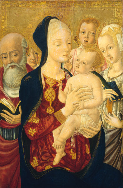 Madonna and Child with Saint Jerome, Saint Catherine of Alexandria, and Angels by Matteo di Giovanni (Sienese, c. 1430 - 1497), 16X12"(A3)Poster Print
