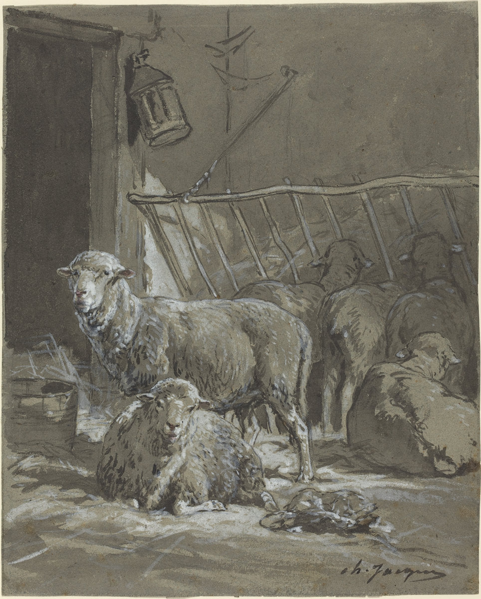 Sheep in a Manger by Charles Émile Jacque (French, 1813 - 1894), 16X12"(A3)Poster Print