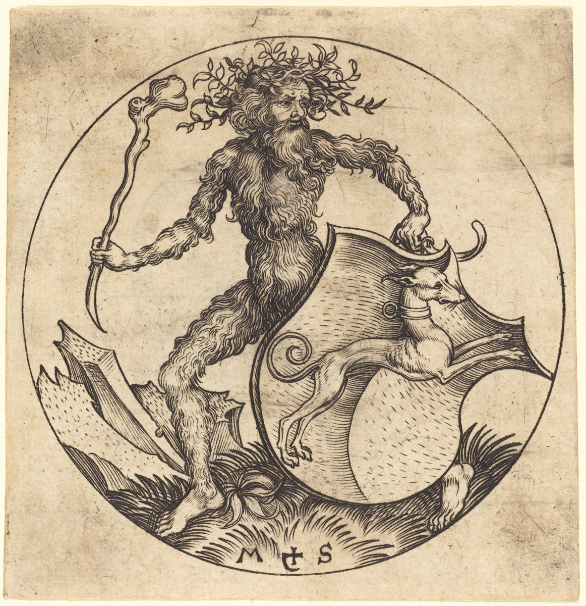 Wild Man Holding a Shield with a Greyhound by Martin Schongauer (German, c. 1450 - 1491), 16X12"(A3)Poster Print