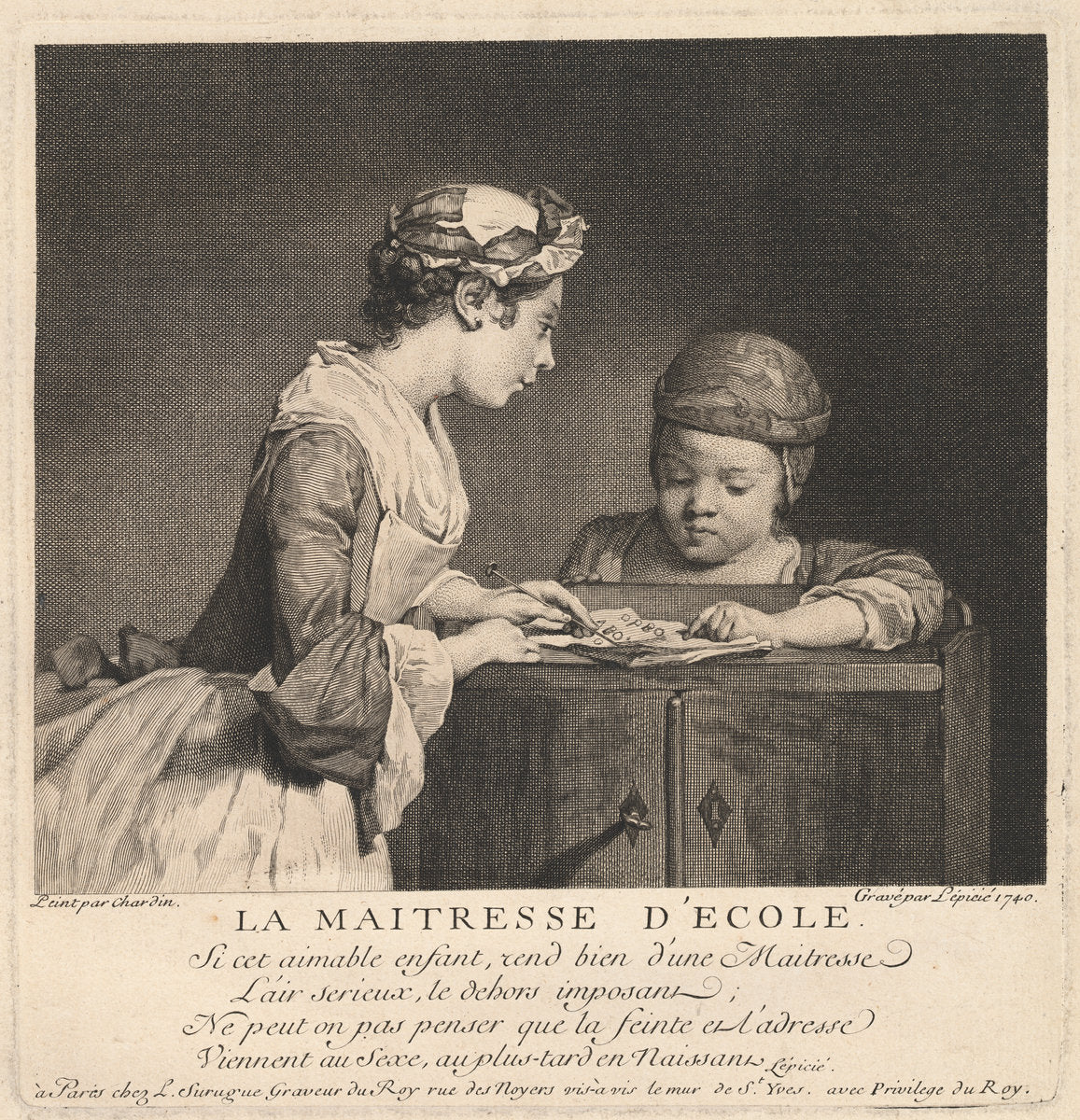 La Maitresse d'ecole by Bernard Lepicie after Jean Siméon Chardin (French, 1698 - 1755), 16X12"(A3)Poster Print