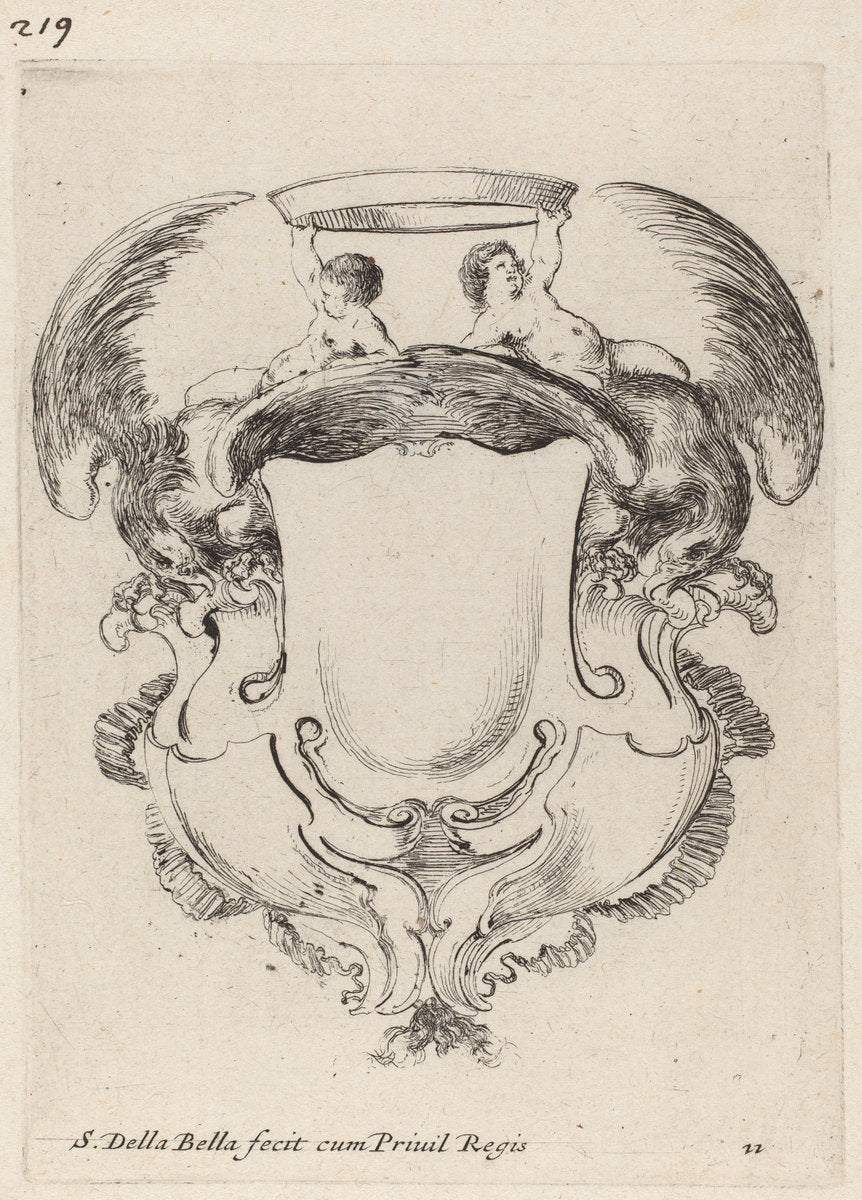 Cartouche with Eagles and Two Infants  Holding a Crown by Stefano Della Bella (Italian, 1610 - 1664), 16X12"(A3)Poster Print