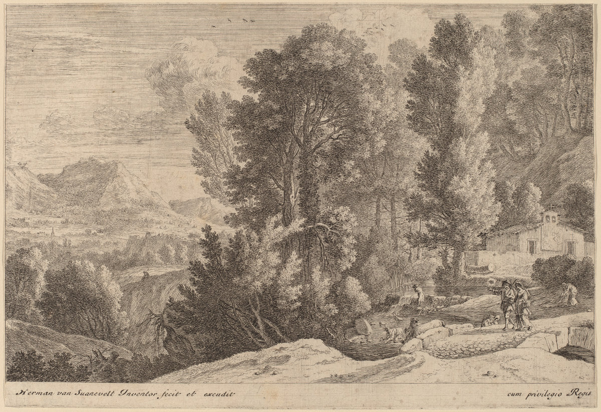 Landscape with Laundresses by Herman van Swanevelt (Dutch, c. 1600 - 1655), 16X12"(A3)Poster Print