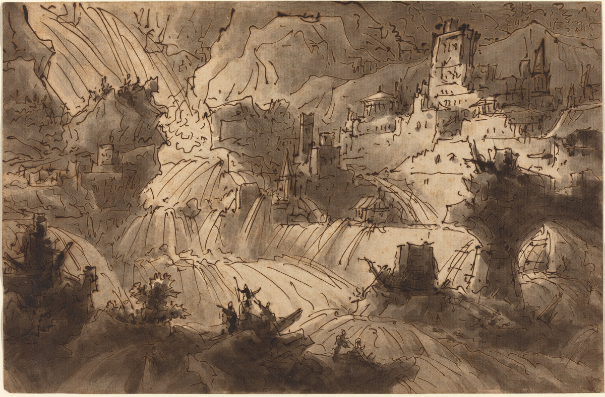 Mountain Torrents Flooding a City by Antonio Basoli (Italian, 1774 - 1848), 16X12"(A3)Poster Print