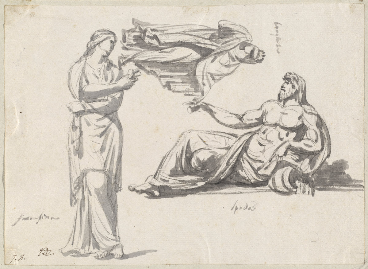 A River God and Two Classical Sculptures by Jacques-Louis David (French, 1748 - 1825), 16X12"(A3)Poster Print