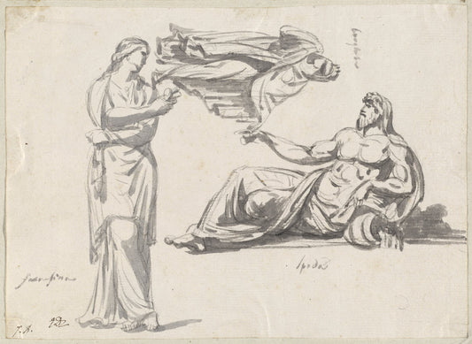 A River God and Two Classical Sculptures by Jacques-Louis David (French, 1748 - 1825), 16X12"(A3)Poster Print