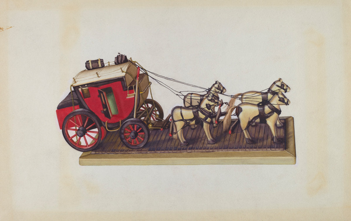 Wooden Model - Coach & Four Horses by Laura Bilodeau (American, 1896 - 1982), 16X12"(A3)Poster Print