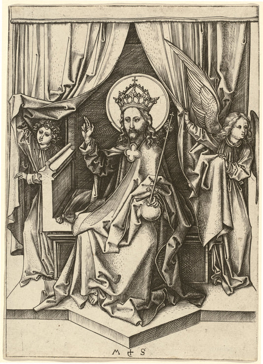 Christ Enthroned, with Two Angels by Martin Schongauer (German, c. 1450 - 1491), 16X12"(A3)Poster Print