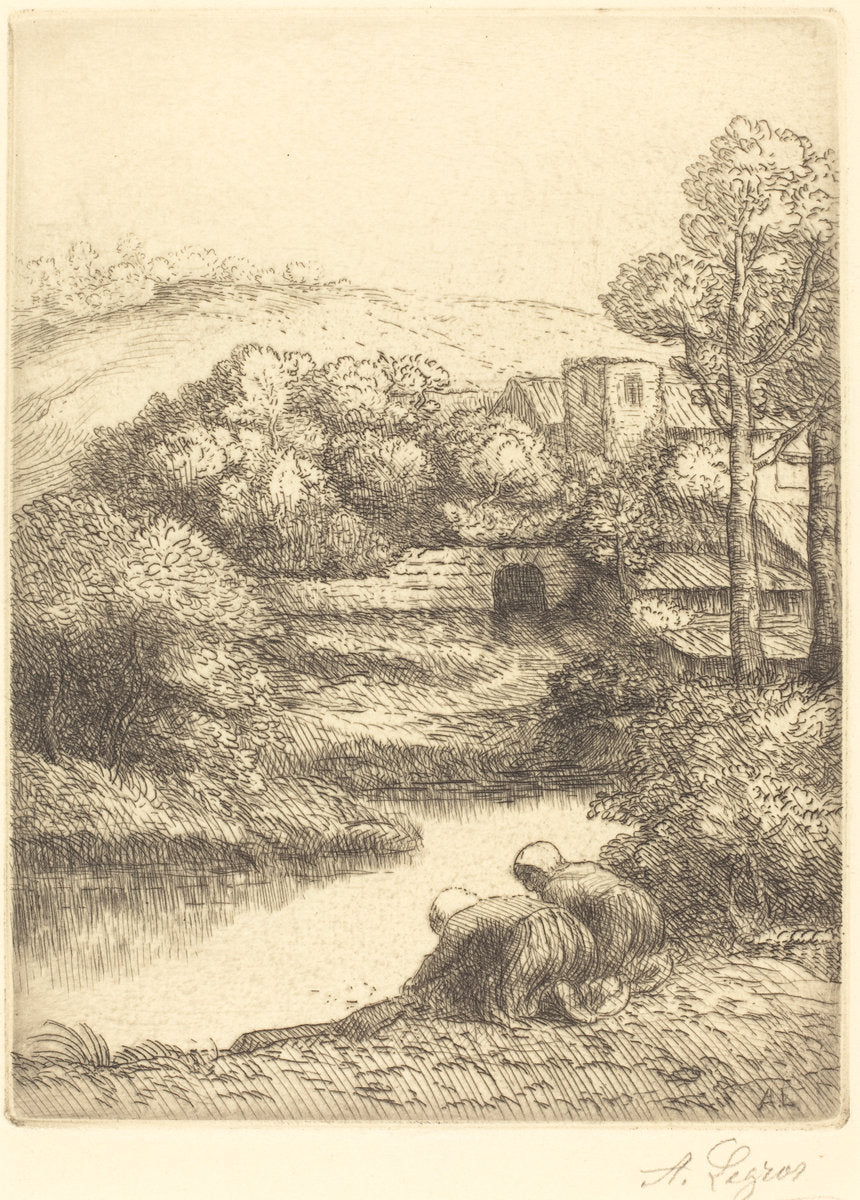 Wash-house, called "The Washerwomen" (Le lavoir, dite "Les Laveuses") by Alphonse Legros (French, 1837 - 1911), 16X12"(A3)Poster Print