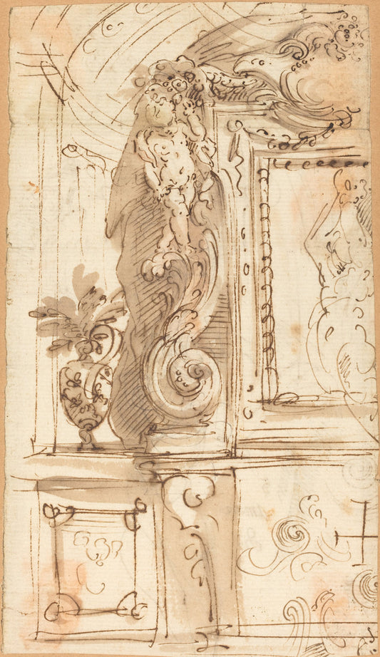 pen and brown ink with gray and red-brown wash on laid paper by Genoese 17th Century (An Elaborately Sculpted Frame), 16X12"(A3)Poster Print