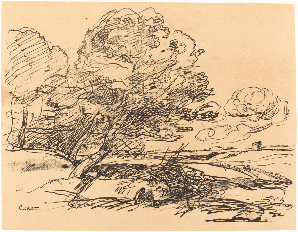 The Lonely Tower (La Tour isolee) by Jean-Baptiste-Camille Corot (French, 1796 - 1875), 16X12"(A3)Poster Print