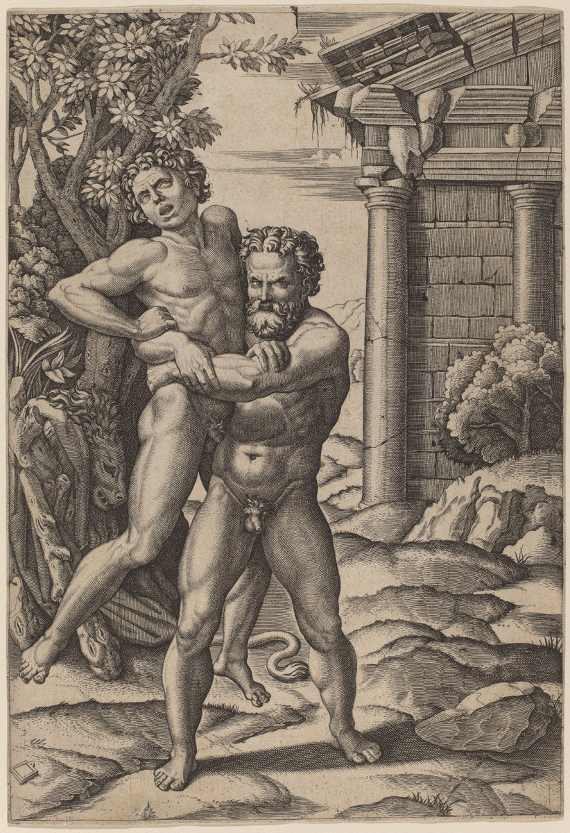 Hercules and Antaeus by Marcantonio Raimondi after Raphael (Italian, c. 1480 - c. 1534), 16X12"(A3)Poster Print