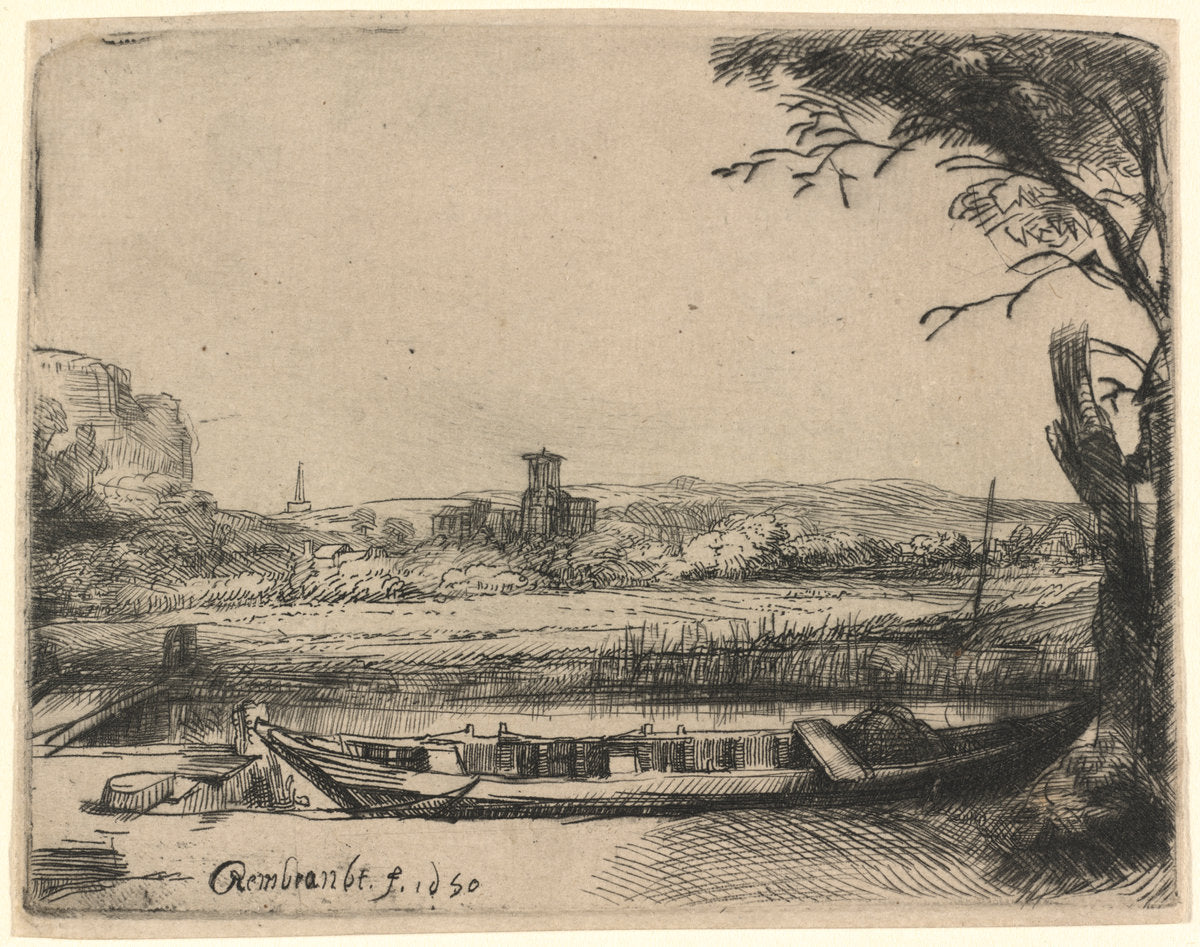Canal with a Large Boat and Bridge by Rembrandt van Rijn (Dutch, 1606 - 1669), 16X12"(A3)Poster Print