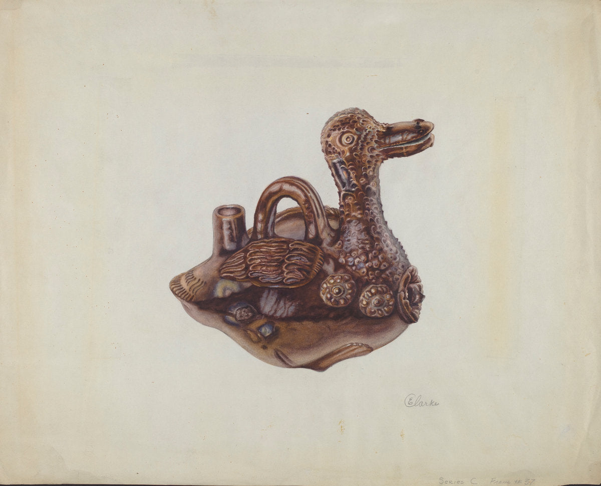 Glazed Pottery Duck Bottle by Ethel Clarke (American, active c. 1935), 16X12"(A3)Poster Print