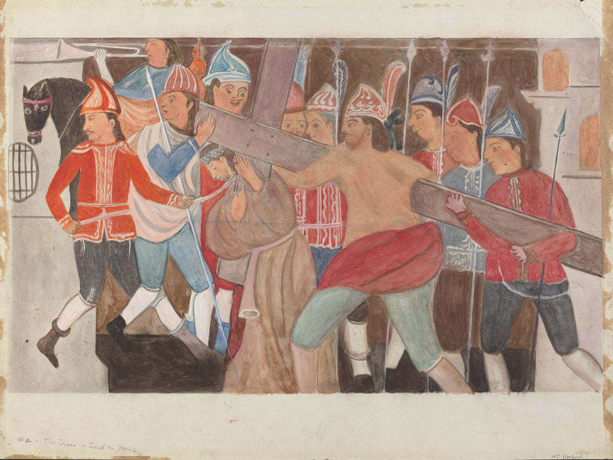 Station of the Cross No. 2: "The Cross is Laid on Jesus" by William Herbert (American, active c. 1935), 16X12"(A3)Poster Print