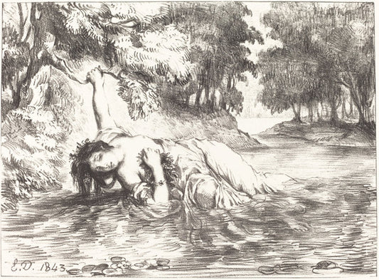 The Death of Ophelia (Act IV, Scene VII) by Eugène Delacroix (French, 1798 - 1863), 16X12"(A3)Poster Print
