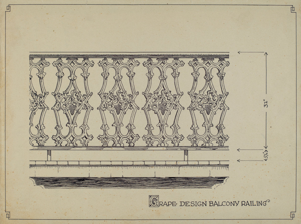 Grape Design Balcony by Thomas Byrne (American, active c. 1935), 16X12"(A3)Poster Print