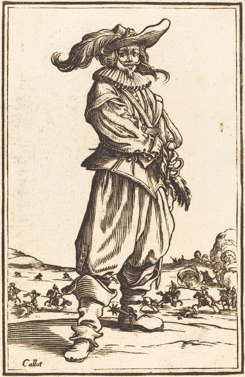 woodcut by after Jacques Callot (Soldier with Feathered Cap), 16X12"(A3)Poster Print